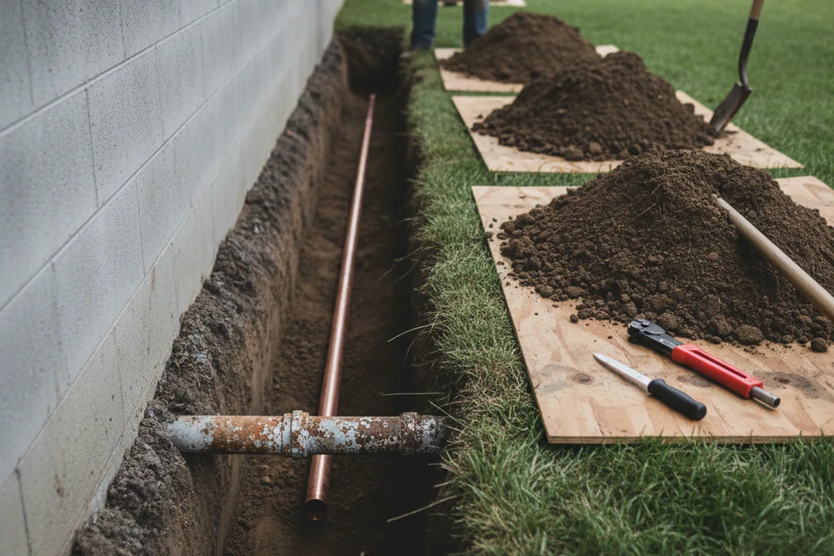 Excavated water line trench during Sewer Line Repair in Ivanhoe